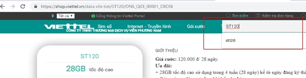 đăng ký gói ST120 Viettel