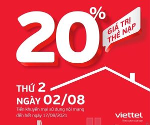 Viettel khuyến mãi tặng 20% thẻ nạp duy nhất ngày 2/8/2021